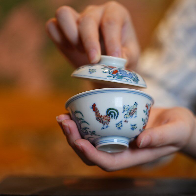 宛玉 斗彩鸡缸纹茶器组 盖碗 品杯 盂 壶承 功夫茶具一人饮