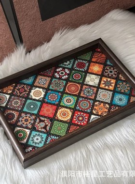 波西米亚风托盘异域客厅桌面收纳首饰收纳玄关家用木质皮革收纳