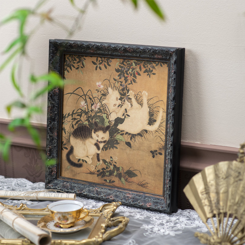 嬉春图中国风复古新中式猫咪框画壁画挂画