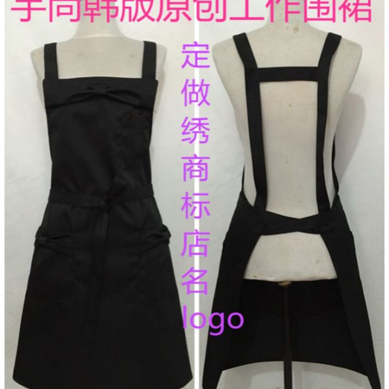 韩版黑色围裙咖啡美甲化妆饰品奶茶寿司广告围裙定绣