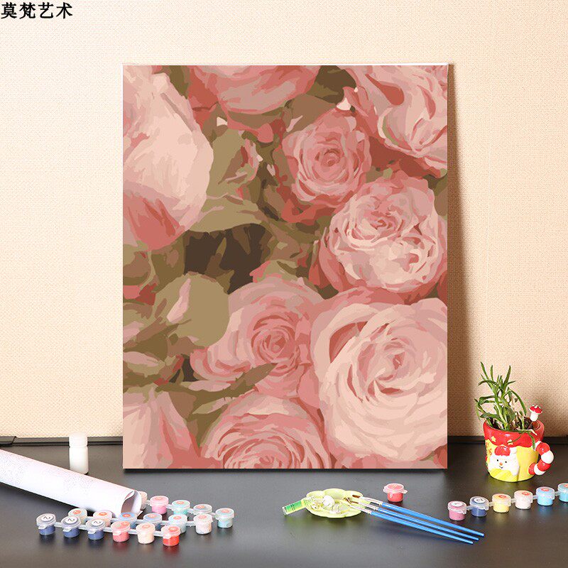 数字油画填手工少女粉色浪漫玫瑰花卉填色手绘丙烯油彩画画