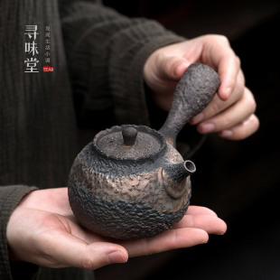手工复古石纹茶壶古早烧铁釉家用功夫茶具单壶 鎏金粗陶侧把壶
