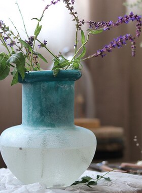 手工磨砂碱面小花瓶干花鲜花花器家居彩蓝色酒店复古