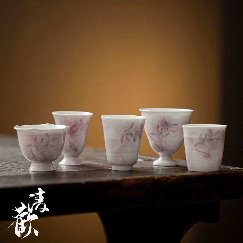 清欢丨玉泥白瓷手绘兰花品茗杯手工陶瓷薄胎花口茶杯功夫茶杯单杯
