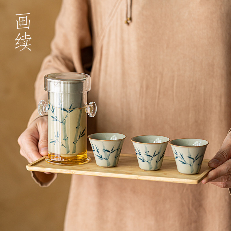 画续草木灰手绘竹子茶水分离泡茶杯套装玻璃红茶杯专用一壶三杯