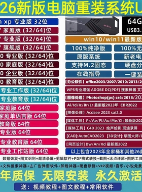 电脑重装系统u盘win10/11/7/XP正版一键安装PE启动纯净旗舰专业版