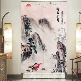 中式山水门帘布艺客厅家用挂帘卧室免打孔卫生间半帘帘子布帘