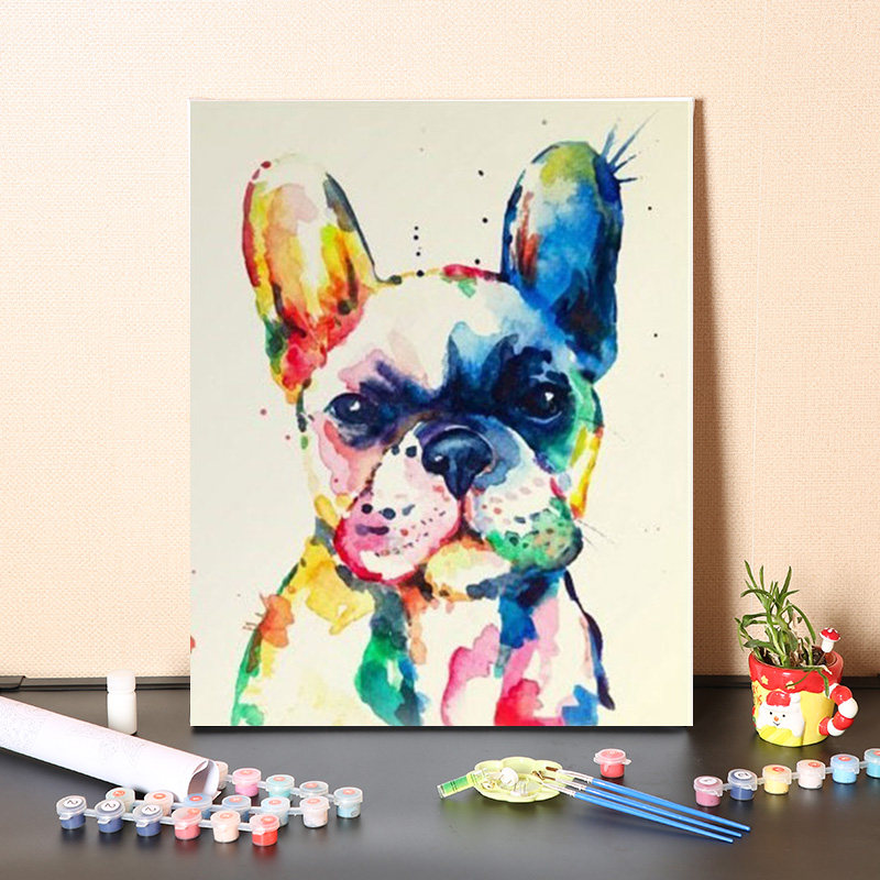 数字油画手工填动物彩绘斗牛犬狗手绘填色丙烯油彩画