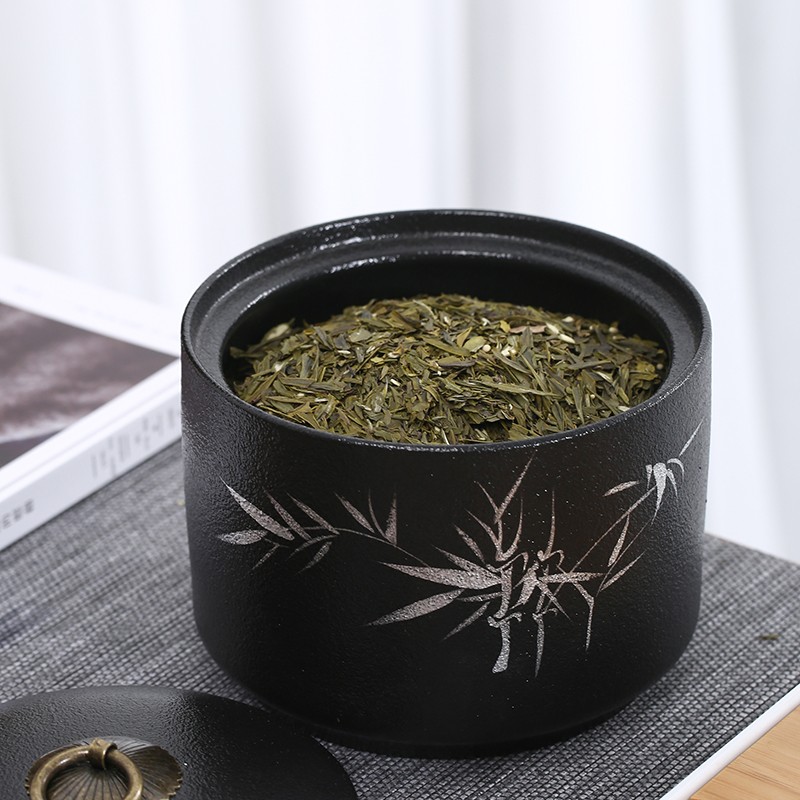 黑陶手绘茶叶罐陶瓷密封储物罐粗陶普洱红茶醒茶罐茶仓