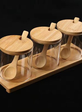 凉小词厨房调料罐套装圆形高硼硅耐高温潮玻璃盐罐送托盘调味盒