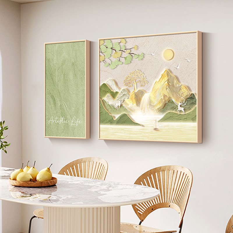 流水生财餐厅挂画奶油p风发财树组合装饰画银杏叶客厅高档大气壁图片