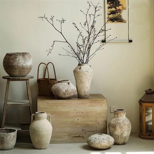 侘寂风民宿陶罐复古花瓶粗陶客厅插花干花器仿古花盆家居装饰