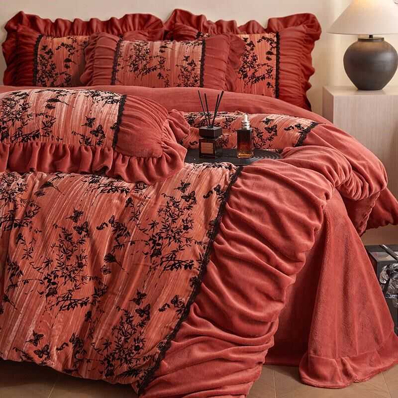 中式雕花结婚庆四件套被套珊瑚绒冬季加绒陪嫁复古床品