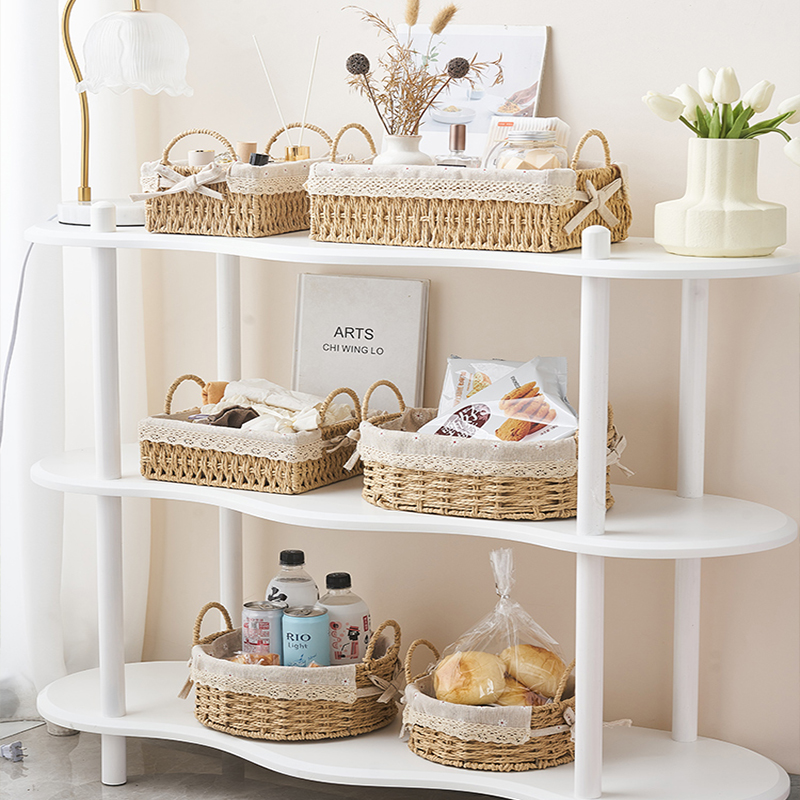 桌面收纳盒化妆品零食茶几杂物超市陈列货架美陈藤编收纳筐编织框