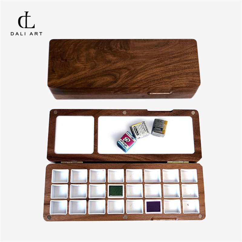 木质水彩颜料盒24色2毫升便携保湿 固体水彩盒分黑胡桃加厚不变形