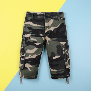 大码 男夏季 七分休闲中裤 沙滩裤 纯棉直筒 迷彩风多袋工装 迷彩裤 短裤