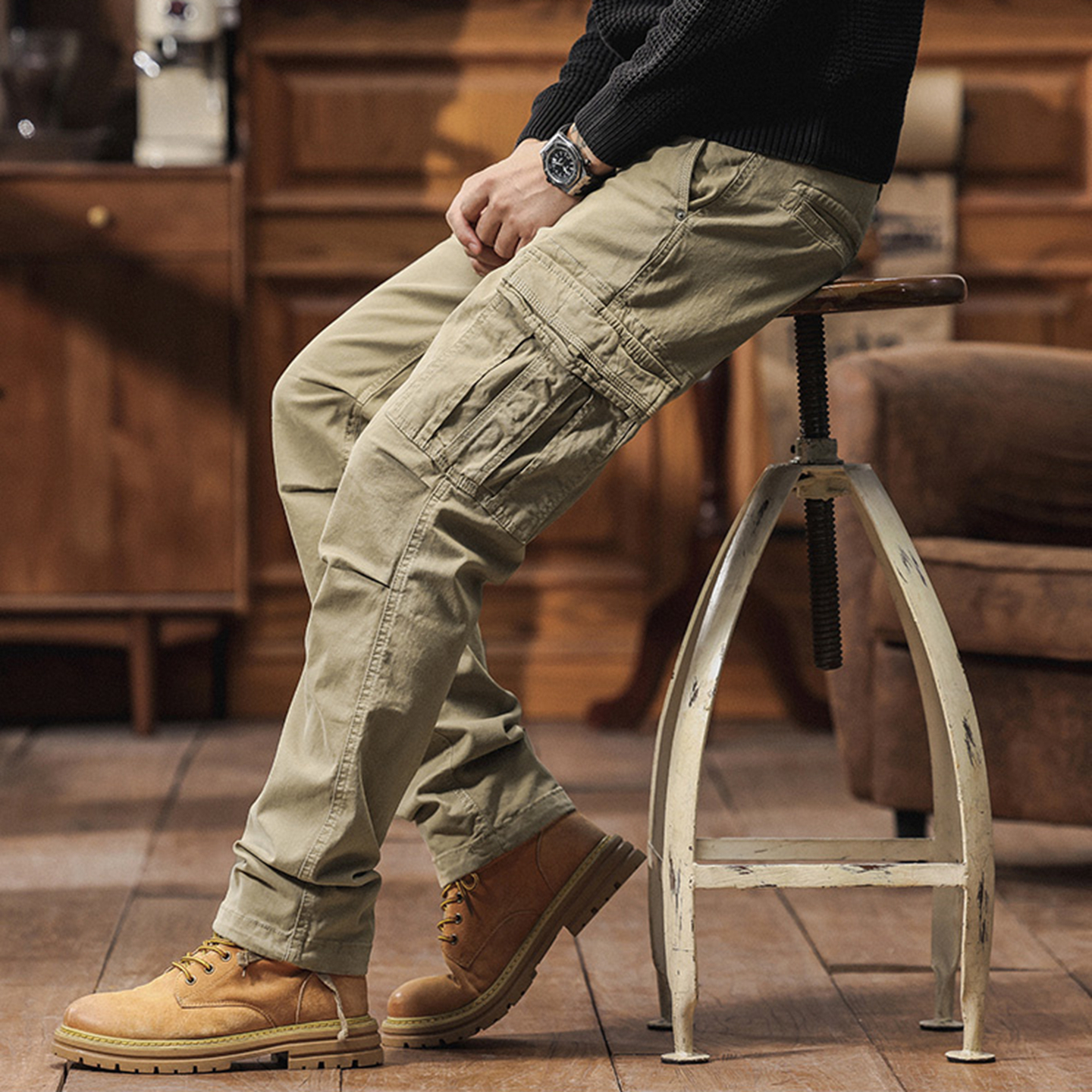 美式工装裤男士直筒休闲裤多口袋户外春秋冬四季修身黑色纯棉长裤