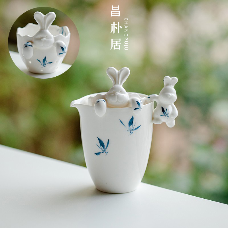 昌朴居纯手绘蝴蝶兰花小兔公道杯陶瓷匀杯茶海茶杯分茶器茶漏配件