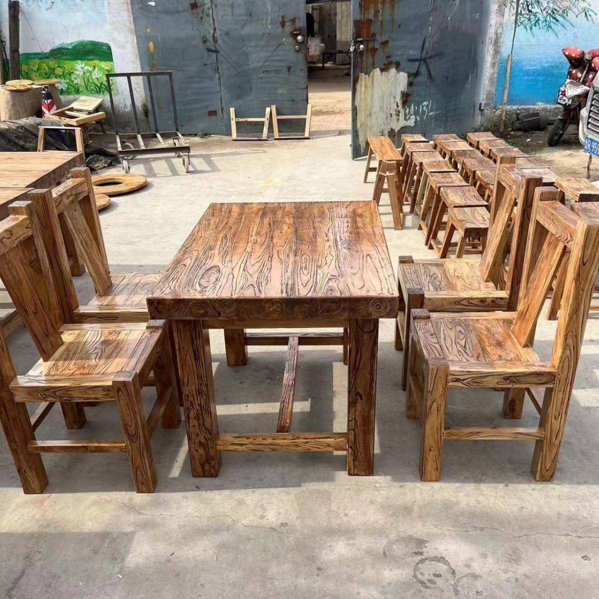 桌椅户外庭院休闲花园阳台桌子家用新中式板桌庭院桌椅组合老榆木