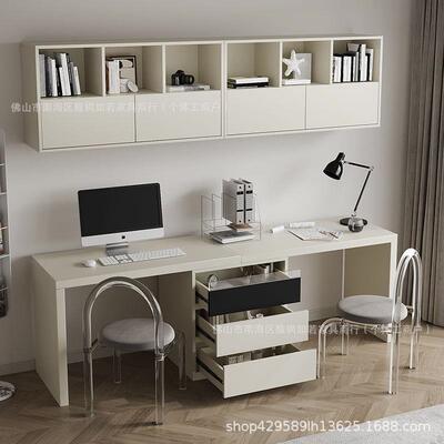 现代简约全实木双人书桌写字桌电脑办公桌收纳储物柜连理斗柜书桌