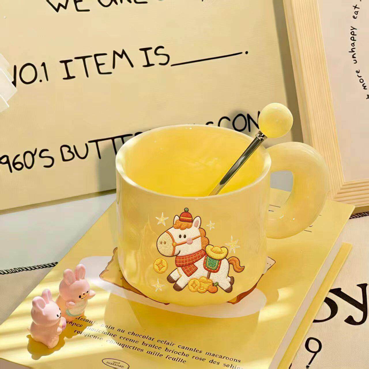 马上发财陶瓷水杯新年礼物咖啡杯马克杯带盖子勺年会伴手礼马年杯