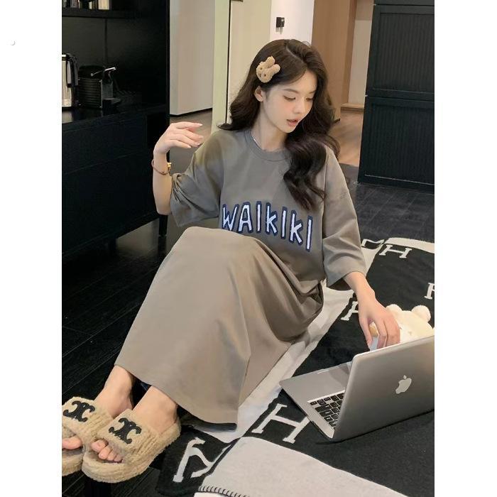 带胸垫睡裙夏季棉宽松大码新款版短袖中长款睡衣可外穿