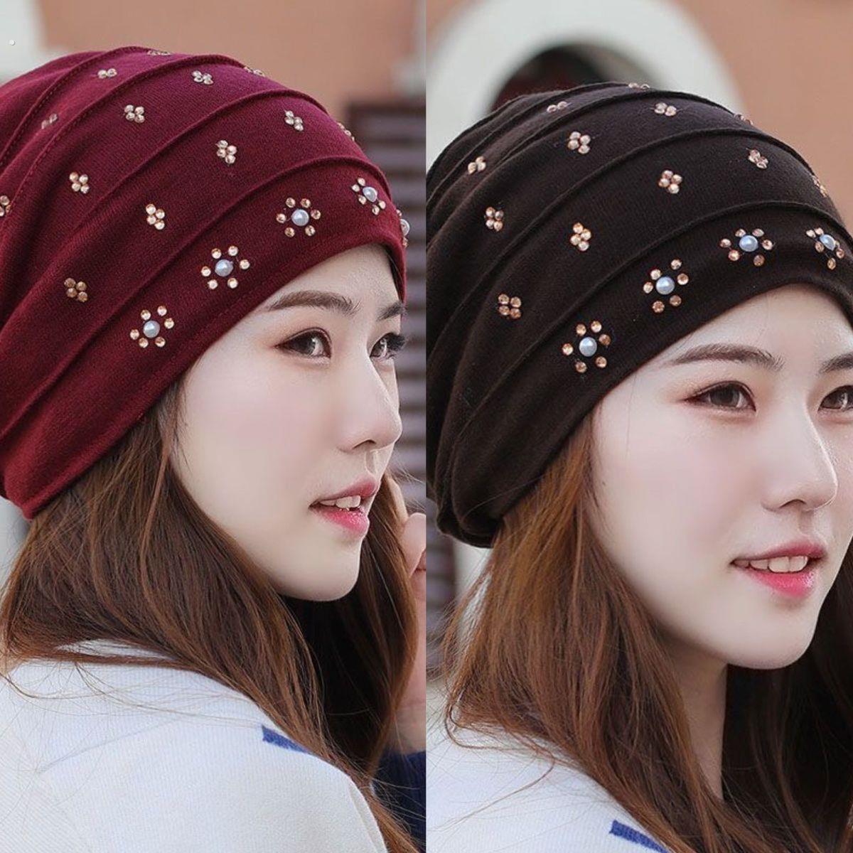 珍珠帽子女秋冬新款女士韩版帽薄款妈妈中老年一体帽洋气百搭时尚