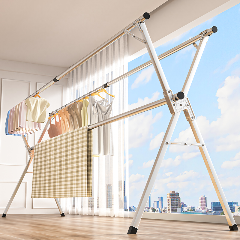 德国折叠晾衣架落地室内阳台家用挂衣简易式不锈钢凉伸缩杆晒被子