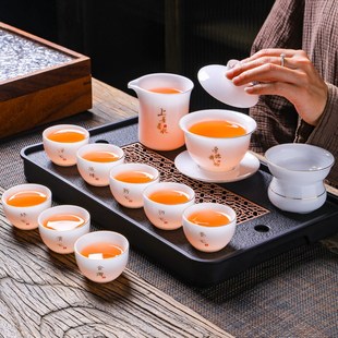 家用办公室会客盖碗茶杯轻奢 问谦堂高端德化冰种白瓷功夫茶具套装
