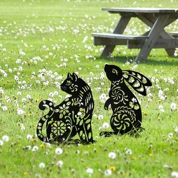 独立站爆品金属烤漆创意花园铁艺景观装饰花园插件镂空猫镂空兔