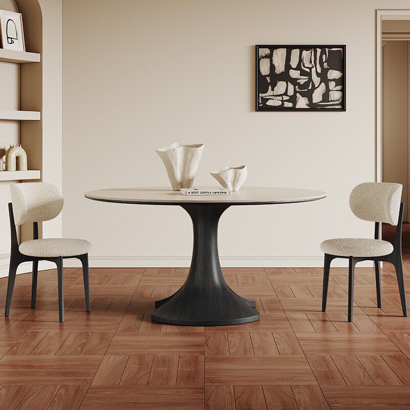黑色实木圆形餐桌带转盘小户型2024新款法式复古哑光岩板餐桌圆桌