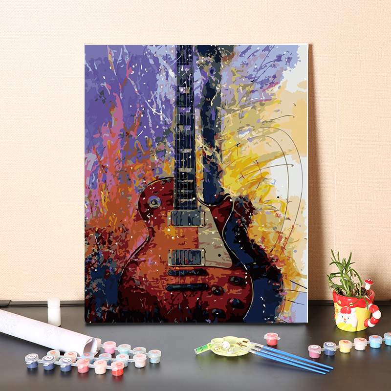 数字油画diy填充复古吉他卧室挂画简单手绘填色油彩画涂色丙烯画