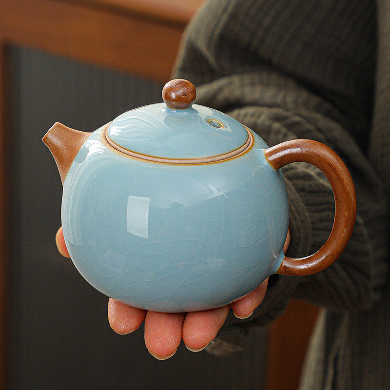 天青汝窑茶壶开片可养汝瓷单壶陶瓷泡茶壶家用茶具冰裂西施壶手工