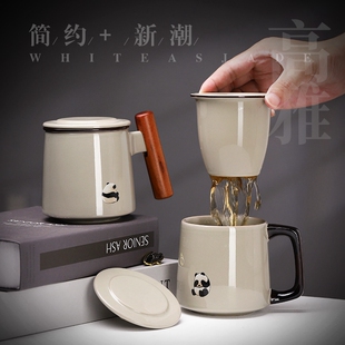 创意陶瓷草木灰熊猫带盖马克杯办公室个人专用水杯送人送礼礼盒装