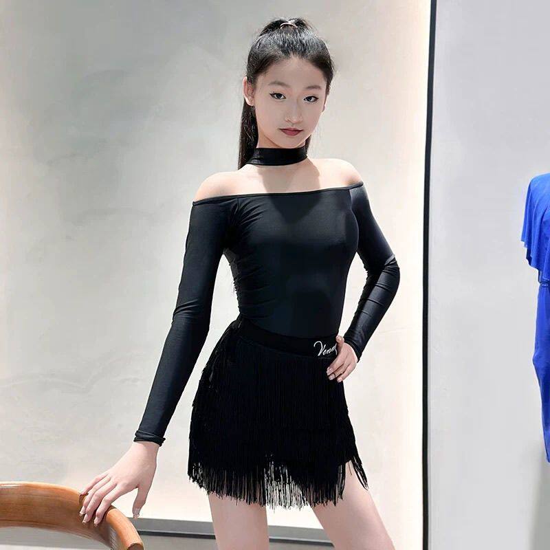 薇妮拉丁舞服春秋新款网红围脖长袖黑色流苏标准舞蹈练功服女儿童