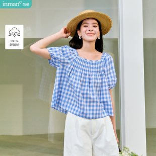 收腰褶皱显瘦泡泡袖 茵曼100棉甜美格子衬衫 新款 2025夏季 衬衣 女装