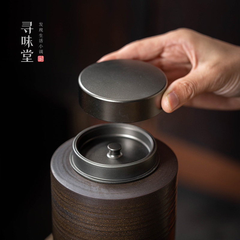 古铜釉粗陶大号罐合金双盖茶叶罐鎏金铁锈釉密封储茶罐陶瓷茶具