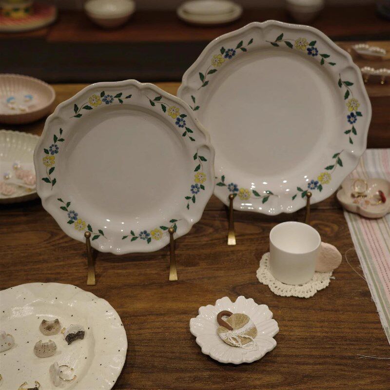 法式乡村做旧花朵陶瓷餐盘钵点心复古玫瑰花卉甜品中古花边蛋糕盘