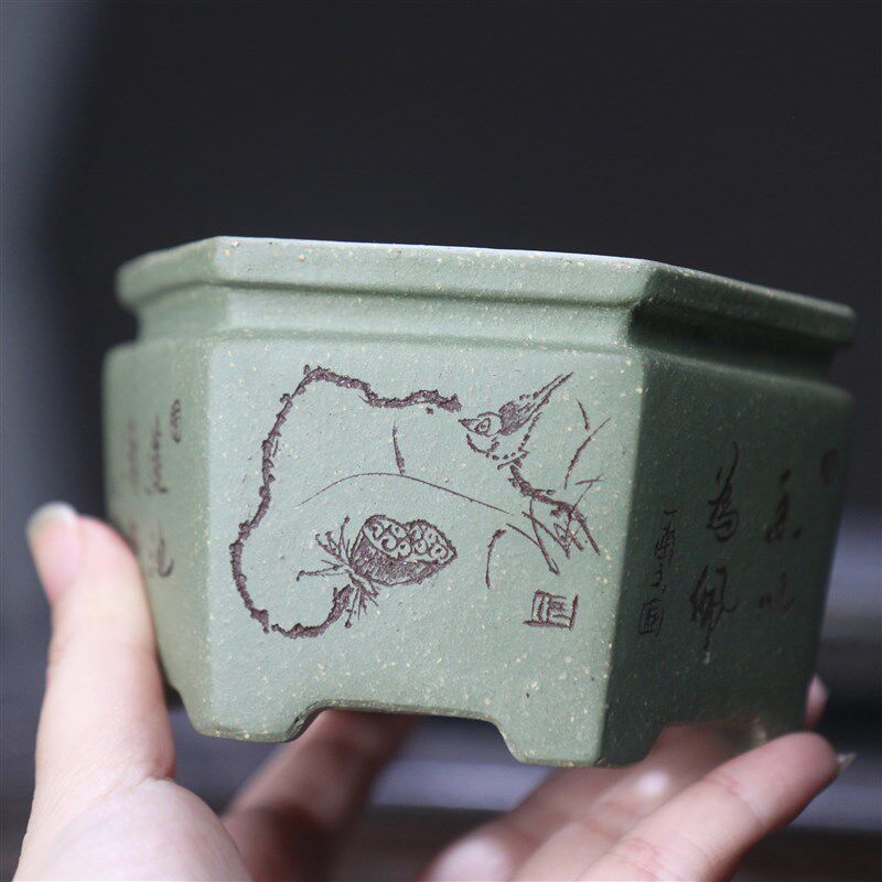 紫砂花盆刻绘小盆手工盆景盆绿泥降坡泥苏兵名家盆六方形菖蒲盆