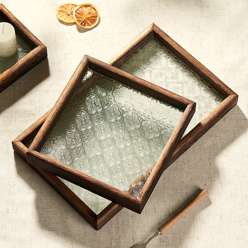 复古玻璃托盘家用客厅放茶杯茶水杯子茶盘木质长方形水果点心餐盘,餐饮具,盘,淘宝优惠券,粉丝福利购,淘宝优惠卷