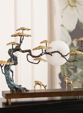 柏梵高档黄铜福鹿迎客松摆件玄关客厅办公室招财装饰乔迁开业礼品