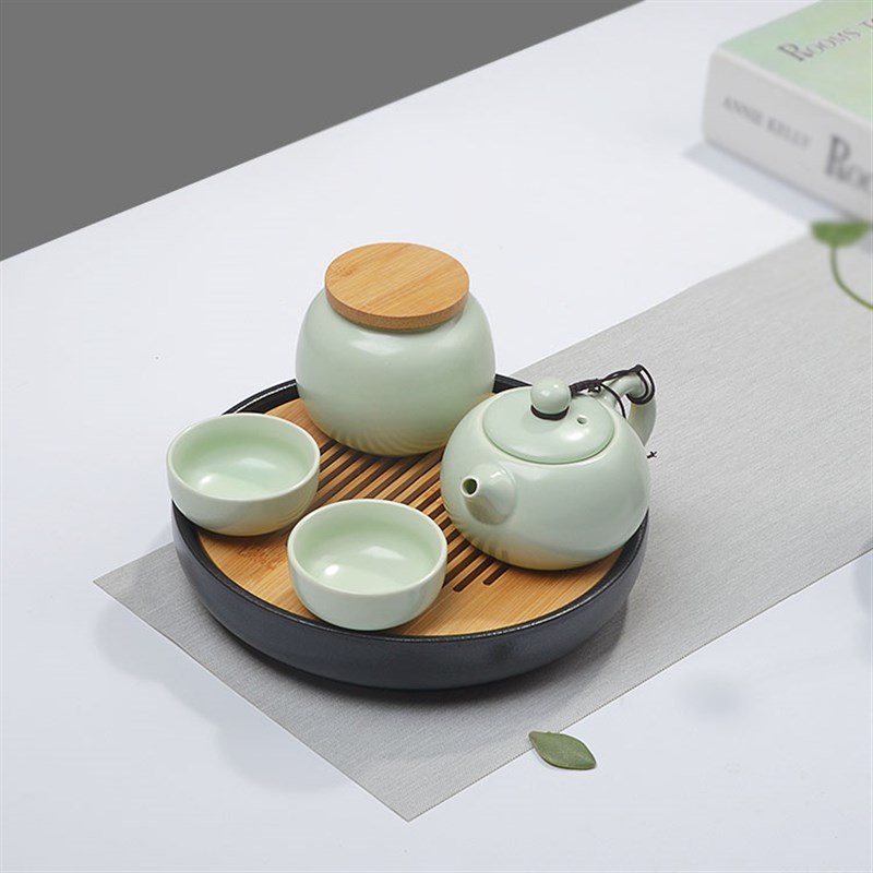 圆形陶瓷茶盘茶具套装一壶两杯茶叶罐便携式单人茶托蓄水手抓快客
