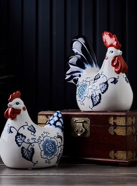 创意陶瓷公鸡摆件青花客厅玄关电视柜酒柜桌面工艺品饰品祝福礼物
