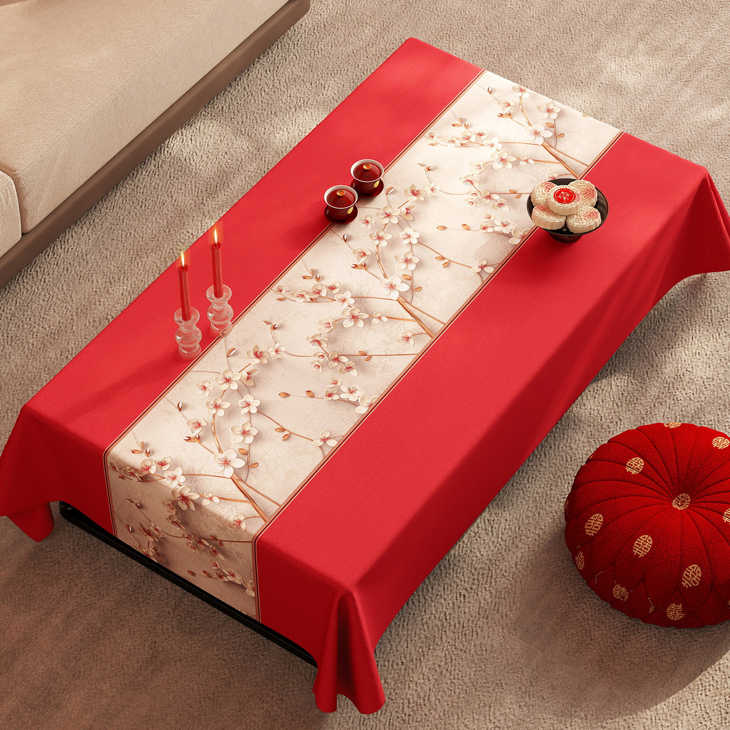 2024年新款高级感结婚订婚红色茶几桌布氛围感装饰长方形防水桌布,居家布艺,桌布,淘宝优惠券,粉丝福利购,淘宝优惠卷