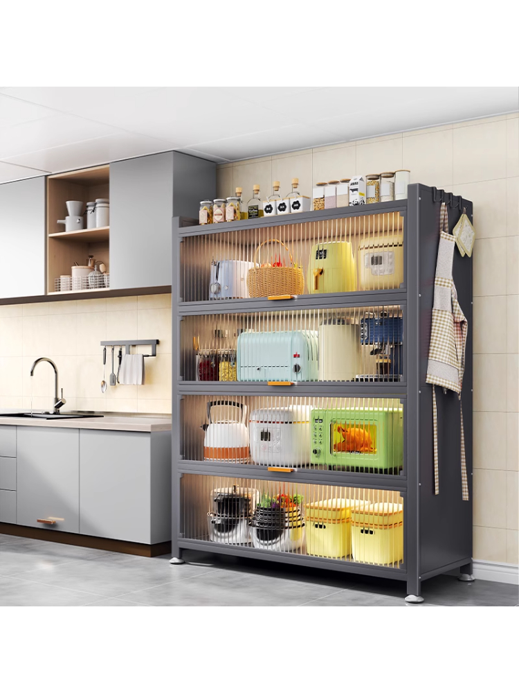 置物架厨房带柜门落地碳钢多功能橱柜微波炉烤箱电器置物餐边柜