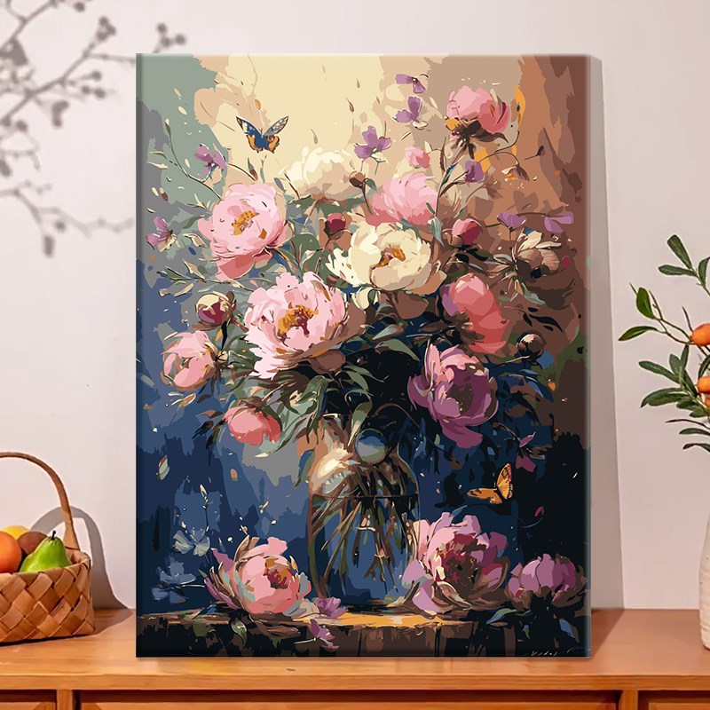 牡丹与碟diy数字油画丙烯填充手绘手工花卉治愈系减压油彩涂色画