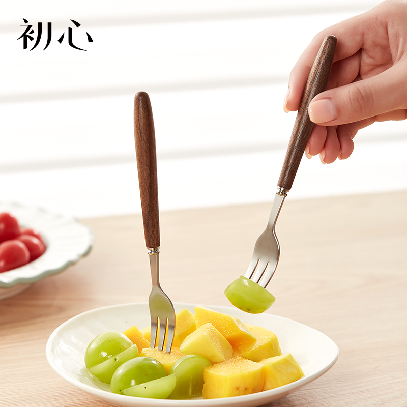 初心水果叉不锈钢家用轻奢小叉子木质餐具甜品蛋糕插水果签收纳罐