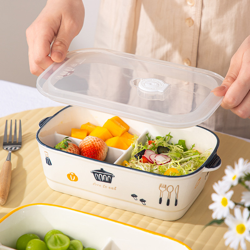 陶瓷分餐盘高级感家用三格定量大人专用分格上班族办公饭盒便当盒