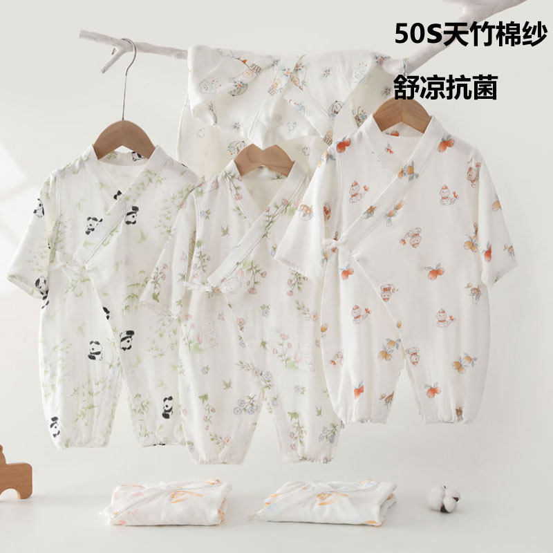 天竹 夏季薄款婴儿连体衣纱布纯棉九分袖宝宝哈衣爬服睡袋