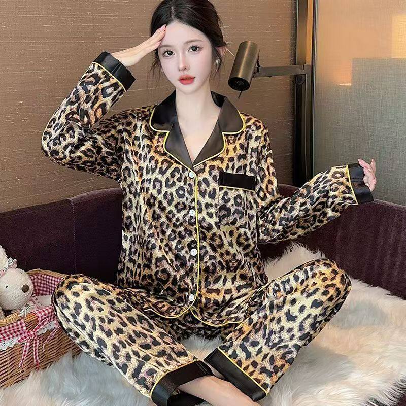 豹纹小翻领长袖家居服女秋季可外穿休闲睡衣套装网红同款